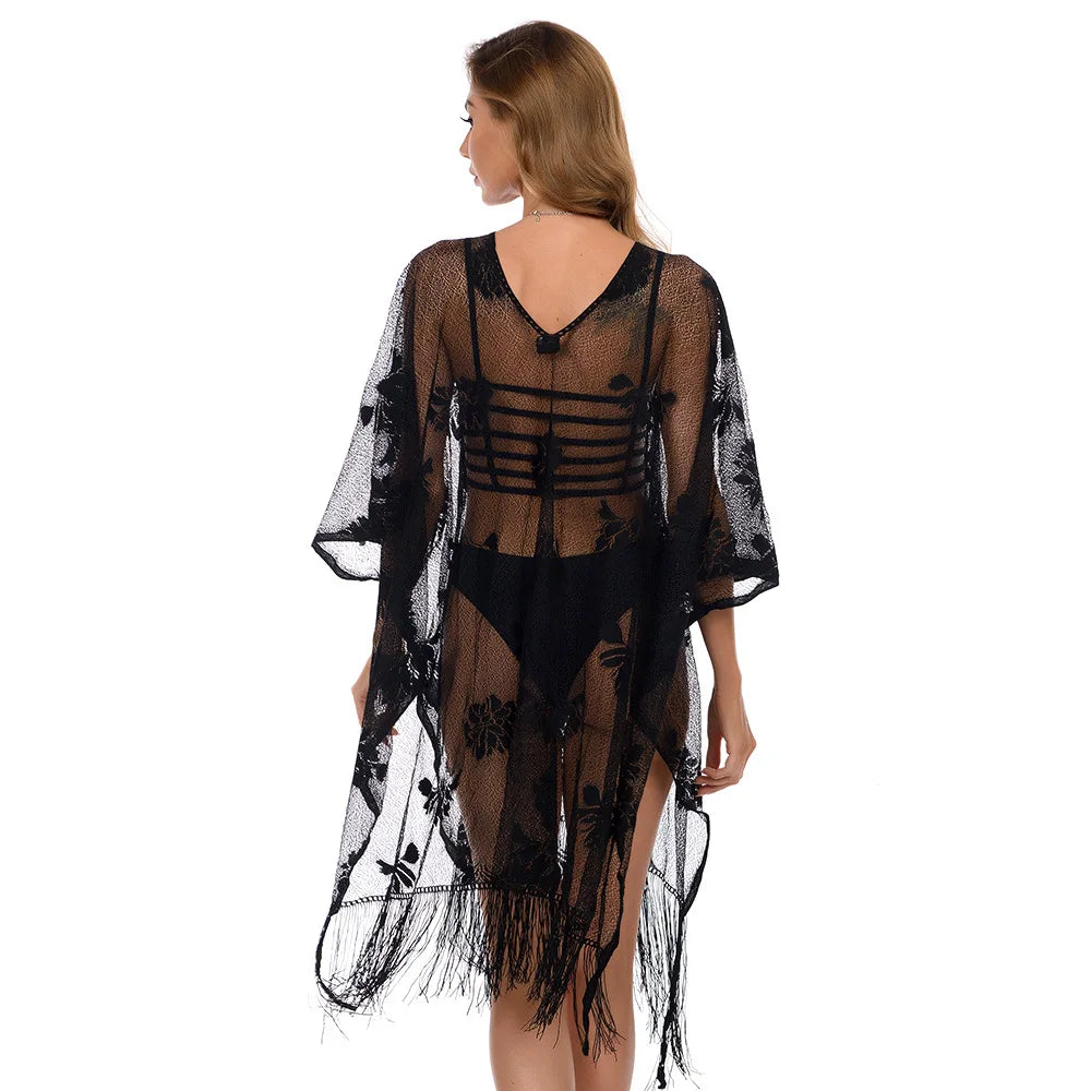 Midnight Palm - Schwarzes Strandkleid mit Fransen