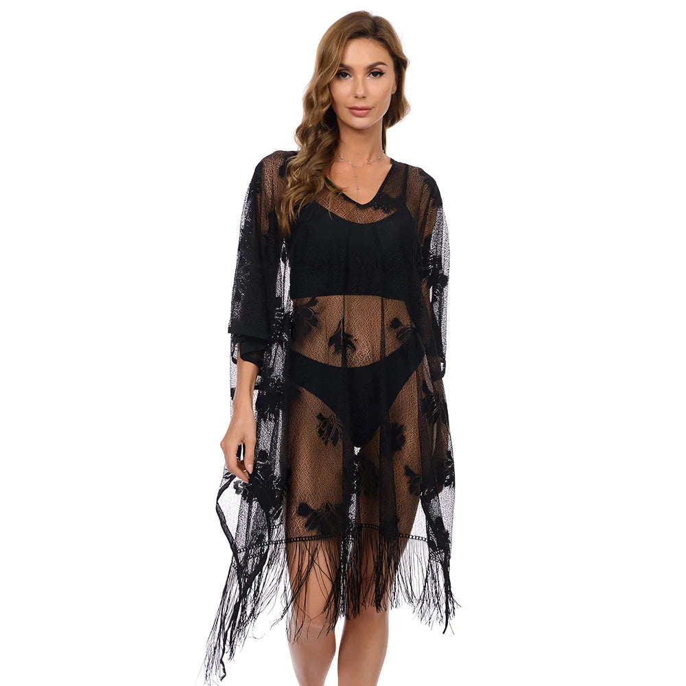 Midnight Palm - Schwarzes Strandkleid mit Fransen