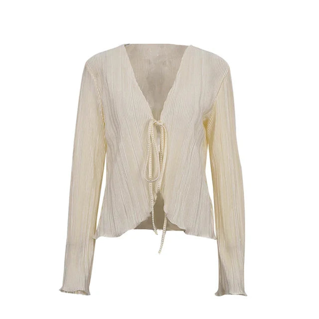 Heidi - Damen Gestreifter Cardigan in Uni-Farbe: Langärmlig mit ausgestellten Ärmeln, Schnürung und tiefem V-Ausschnitt