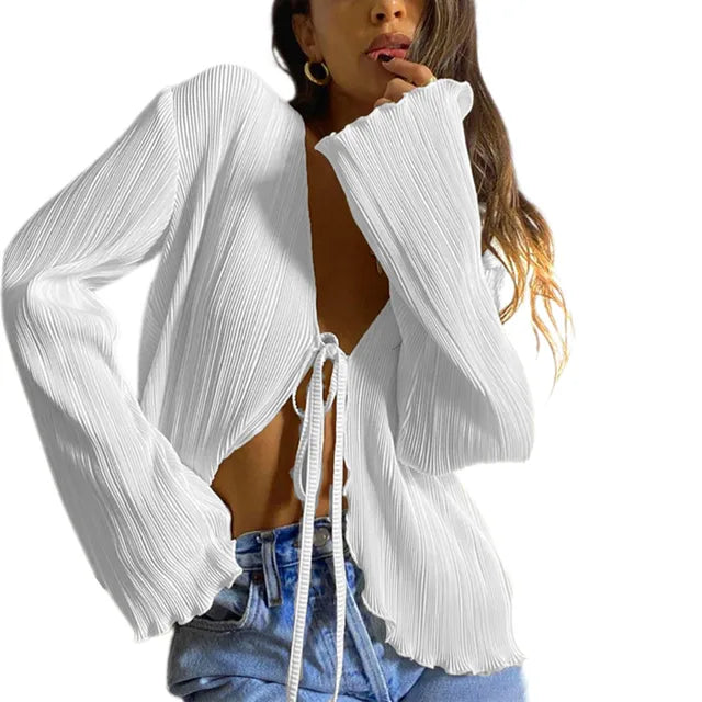 Heidi - Damen Gestreifter Cardigan in Uni-Farbe: Langärmlig mit ausgestellten Ärmeln, Schnürung und tiefem V-Ausschnitt