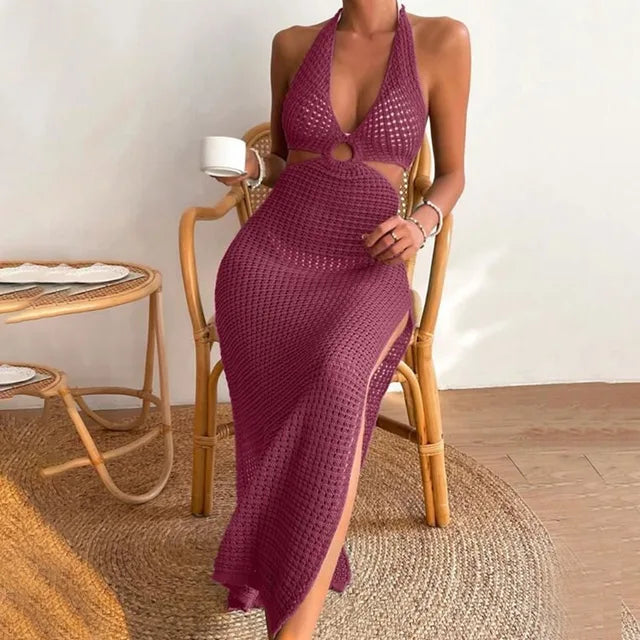 Sahara Glam - Beigefarbenes Häkel-Maxikleid