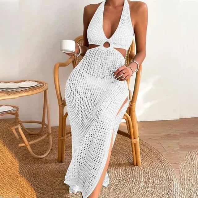 Sahara Glam - Beigefarbenes Häkel-Maxikleid