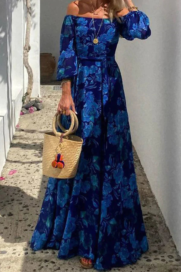 Leila - Florales schulterfreies, gesmoktes Maxikleid für den Urlaub