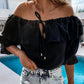 Ingrid - Damen Schulterfreie Rüschenbluse mit Schnürung und Bindeband