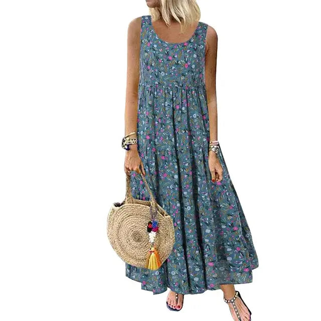 Elisa - Beigefarbenes Maxikleid mit Blumenprint