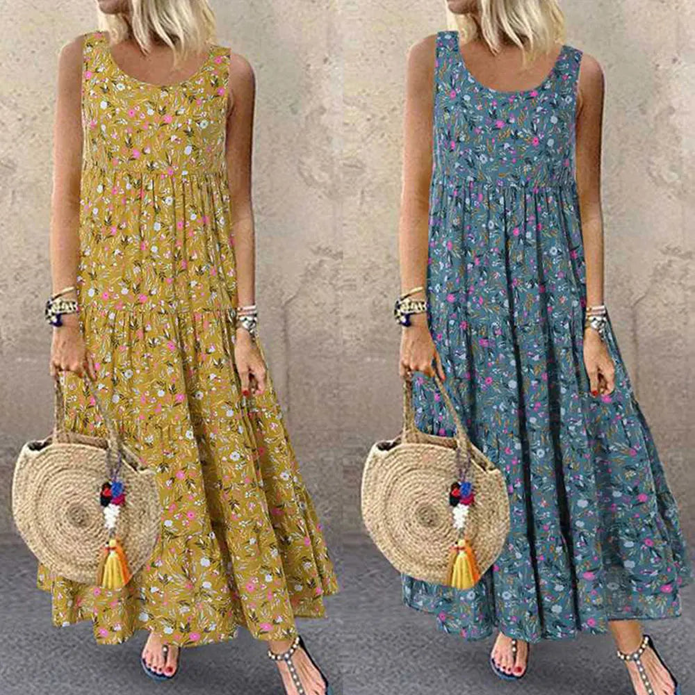 Elisa - Beigefarbenes Maxikleid mit Blumenprint