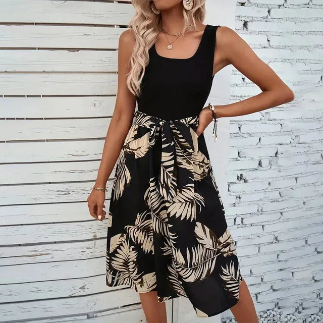 Emilia - Schwarz-Beiges Sommerkleid mit Blattmuster