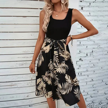 Emilia - Schwarz-Beiges Sommerkleid mit Blattmuster