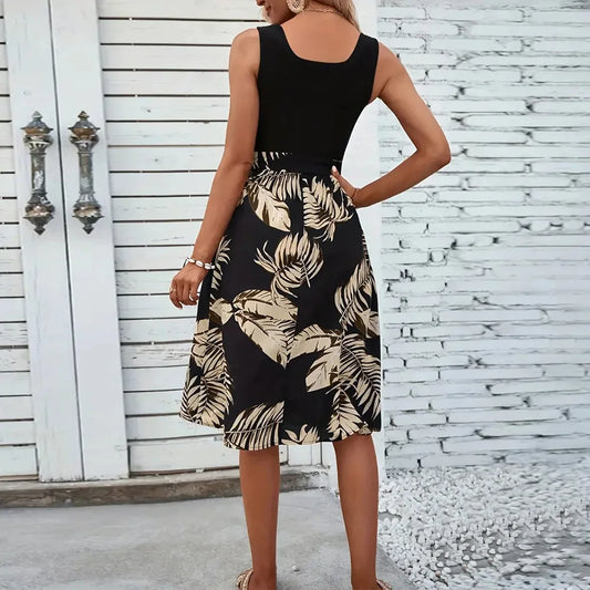 Emilia - Schwarz-Beiges Sommerkleid mit Blattmuster