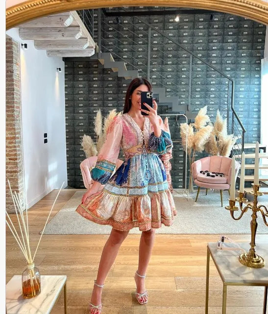 Langes böhmisches Kleid mit plissierten Ärmeln - Angela
