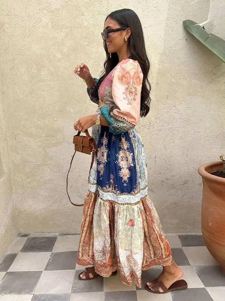 Langes böhmisches Kleid mit plissierten Ärmeln - Angela