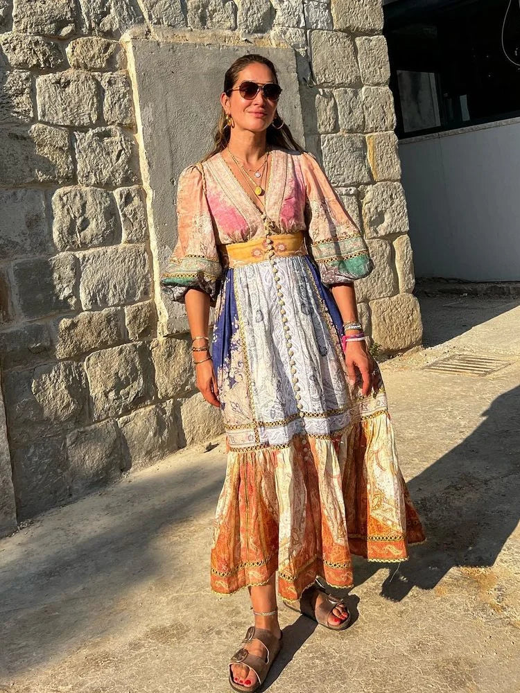 Langes böhmisches Kleid mit plissierten Ärmeln - Angela