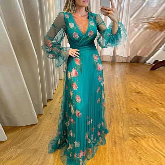 Leanne - Damen V-Ausschnitt Taille Falten böhmischen Kleid