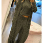 Janice - Leopard Print Tasche lange Ärmel Strickjacke und elastische Taille Hose Set