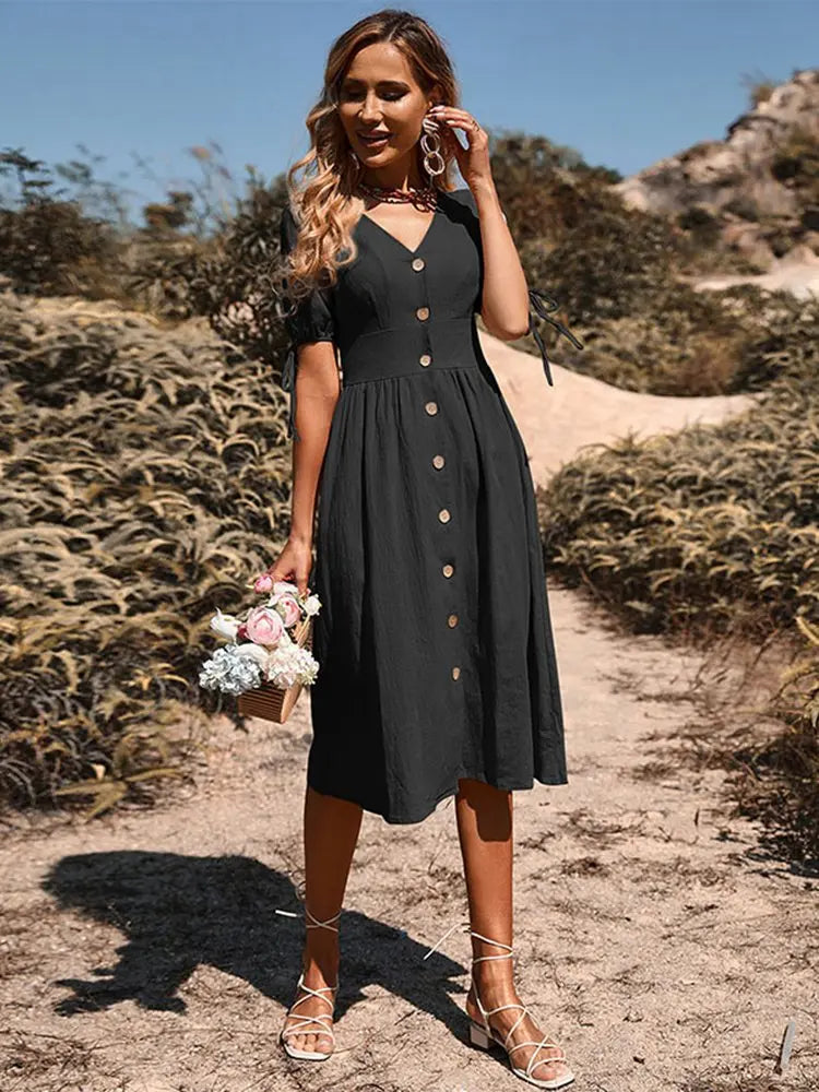 Frühjahr/Sommer-Kleid mit V-Ausschnitt aus Baumwolle - Annelies