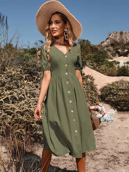 Frühjahr/Sommer-Kleid mit V-Ausschnitt aus Baumwolle - Annelies
