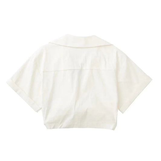 Hilda - Damen Vintage Kurzarm Leinen Crop Shirt