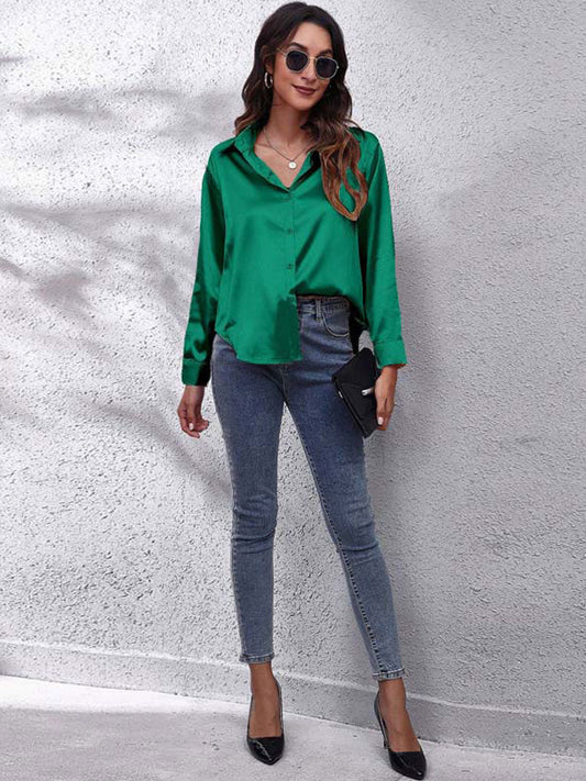 Isabellas Satinbluse für Damen | Lockere Passform | Knopfleiste | Seidiges Langarmshirt