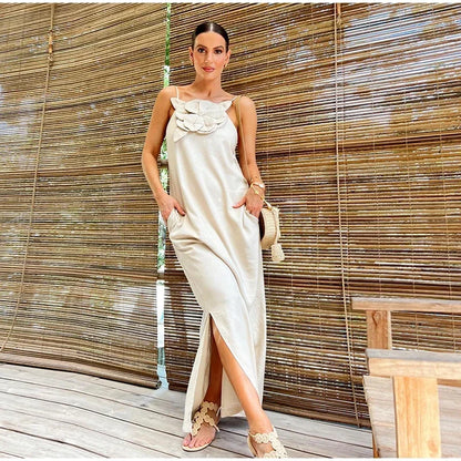 Marinelle - Maxikleid mit Schlitz und Taschen aus Leinenmischung mit Blumenverzierung
