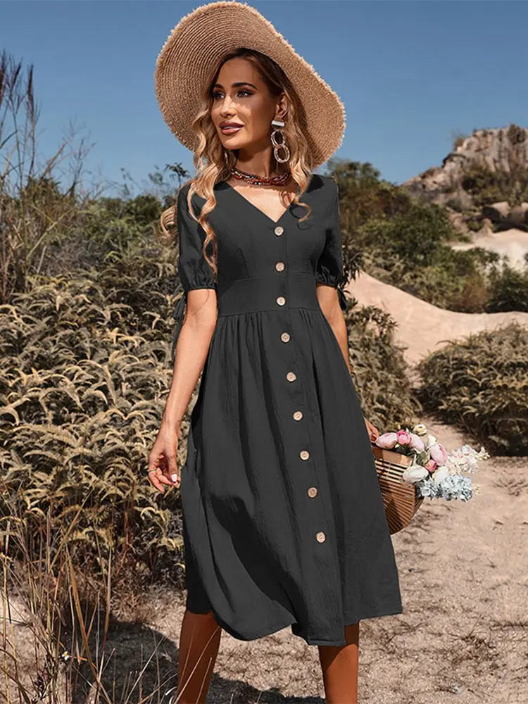 Frühjahr/Sommer-Kleid mit V-Ausschnitt aus Baumwolle - Annelies