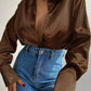 Sophias Satinbluse mit Polokragen | Büro-Damen-Bluse aus Seide | Vintage-Design mit lockerem Knoten | Elegante Mode