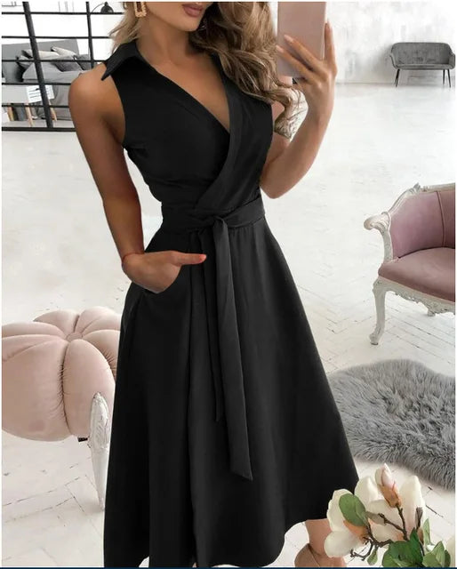 Clara - Schwarzes V-Ausschnitt Langarmkleid