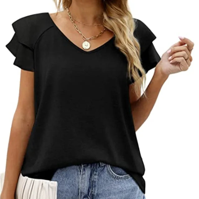 Lina - Schwarzes V-Ausschnitt T-Shirt