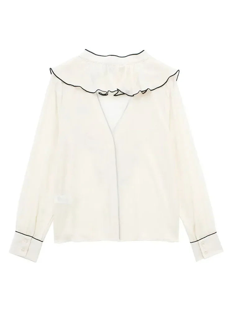 Fabienne - Damen Bluse aus transparenter Chiffon: Gerüschter Crossover-V-Ausschnitt mit langen Ärmeln und leichtem Stoff