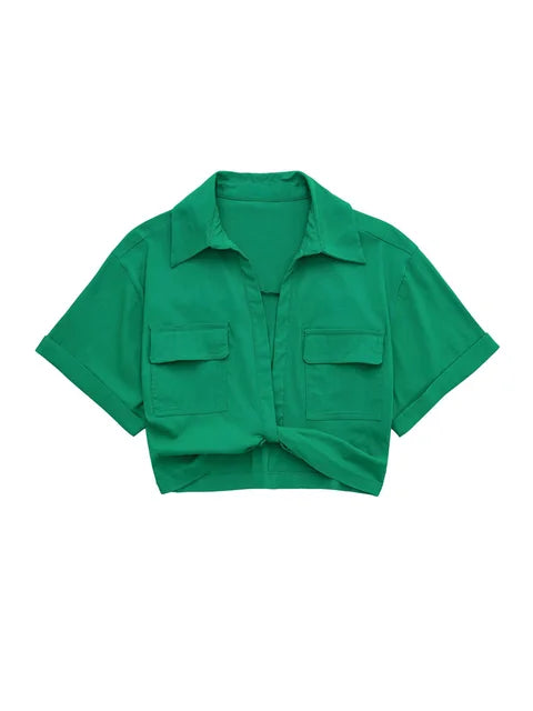 Hilda - Damen Vintage Kurzarm Leinen Crop Shirt