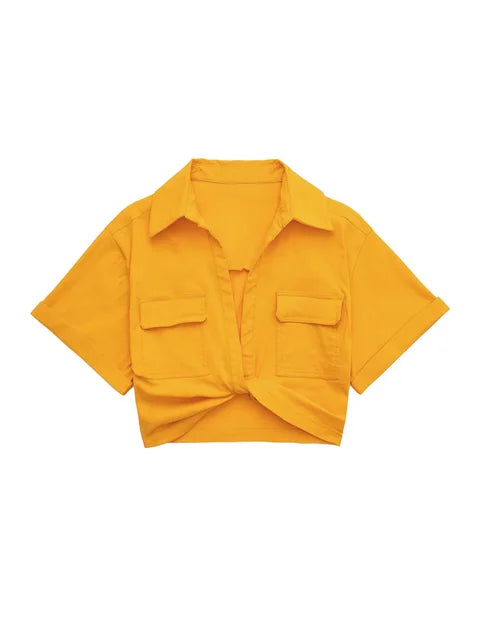 Hilda - Damen Vintage Kurzarm Leinen Crop Shirt