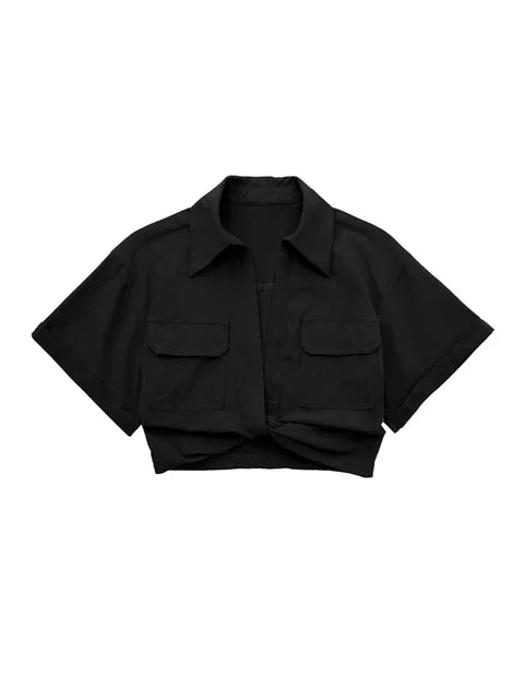Hilda - Damen Vintage Kurzarm Leinen Crop Shirt