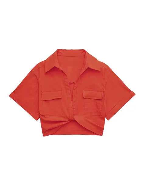 Hilda - Damen Vintage Kurzarm Leinen Crop Shirt