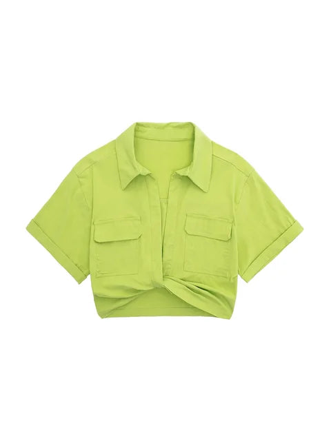 Hilda - Damen Vintage Kurzarm Leinen Crop Shirt