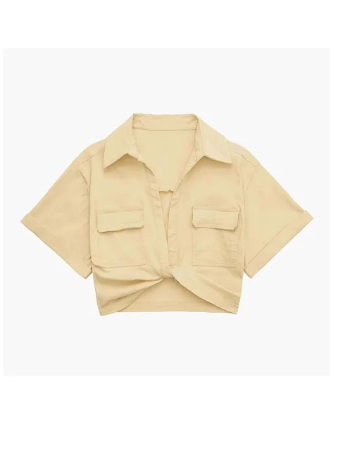 Hilda - Damen Vintage Kurzarm Leinen Crop Shirt