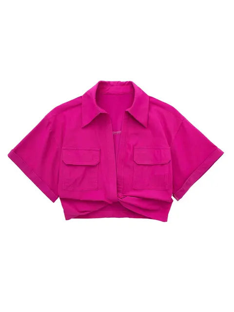 Hilda - Damen Vintage Kurzarm Leinen Crop Shirt