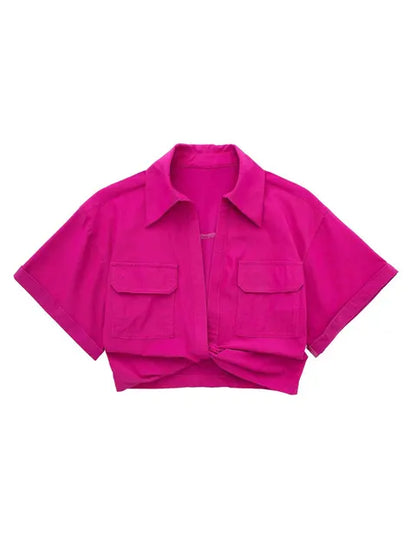 Hilda - Damen Vintage Kurzarm Leinen Crop Shirt