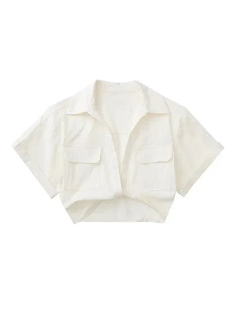 Hilda - Damen Vintage Kurzarm Leinen Crop Shirt