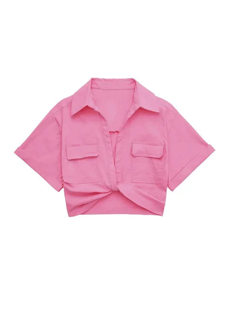 Hilda - Damen Vintage Kurzarm Leinen Crop Shirt