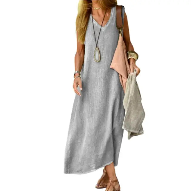 Nora - Graues Leinen Maxikleid