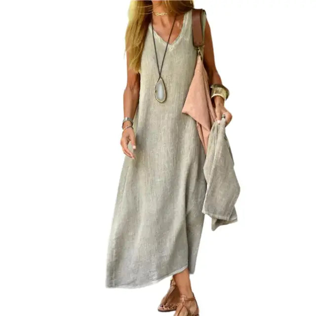 Nora - Graues Leinen Maxikleid