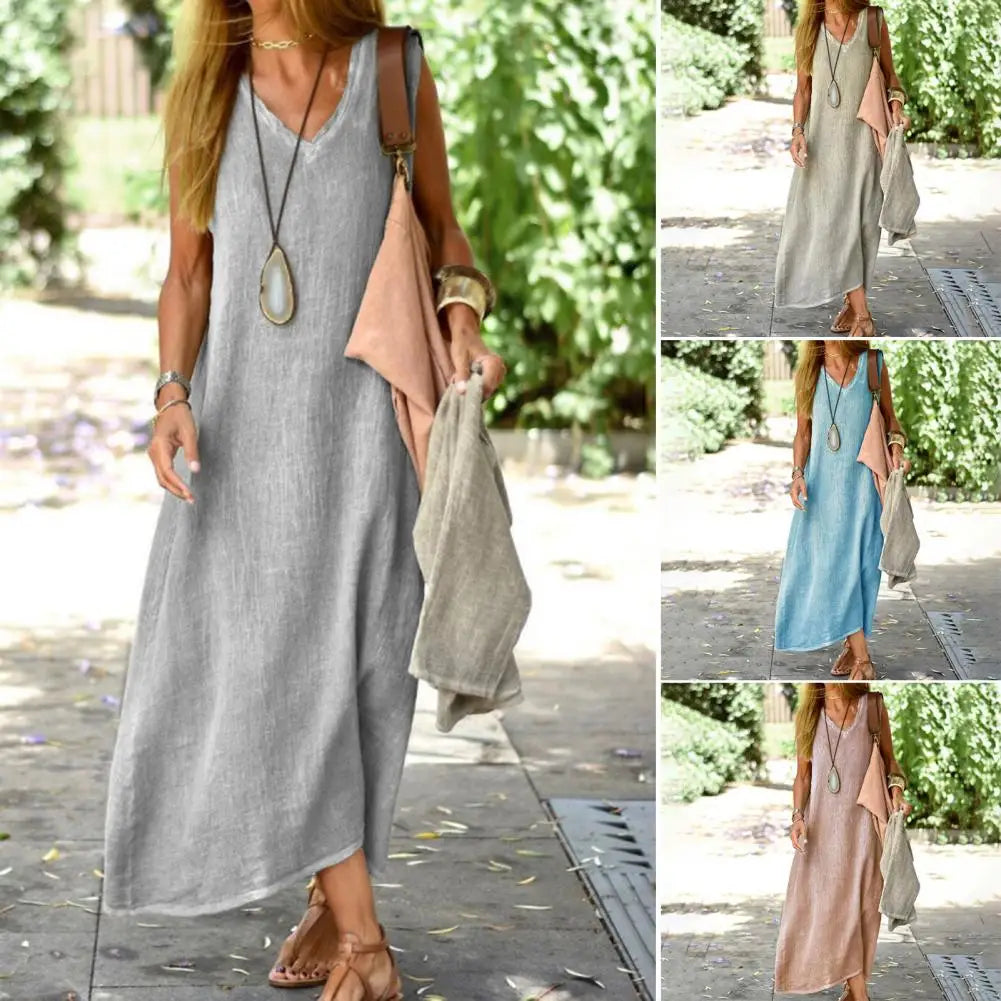 Nora - Graues Leinen Maxikleid