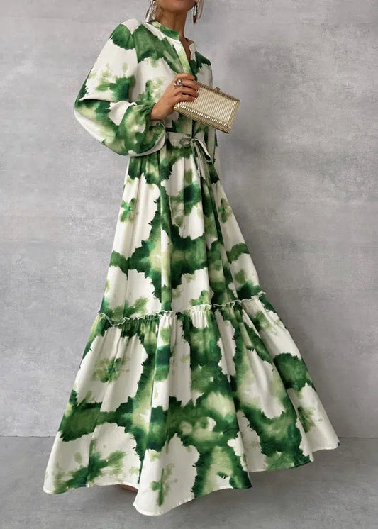 Charlotte – grünes, langärmliges Maxikleid mit V-Ausschnitt