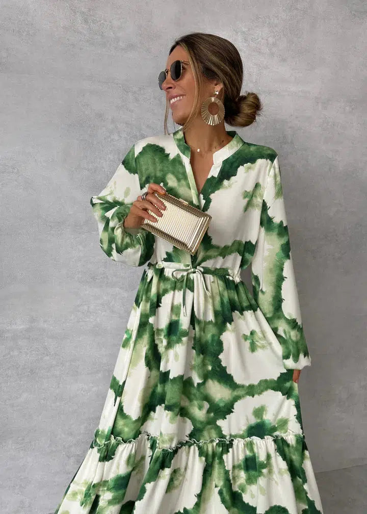 Charlotte – grünes, langärmliges Maxikleid mit V-Ausschnitt