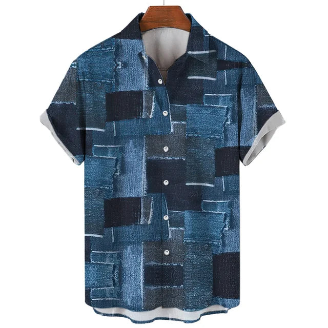 Noah - Künstlerisches Blaues Patchwork-Hemd