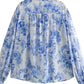 Katharina - Damen Bluse im Vintage-Stil mit halbtransparentem, bedrucktem Design, gerüschten Details und Kordelzug