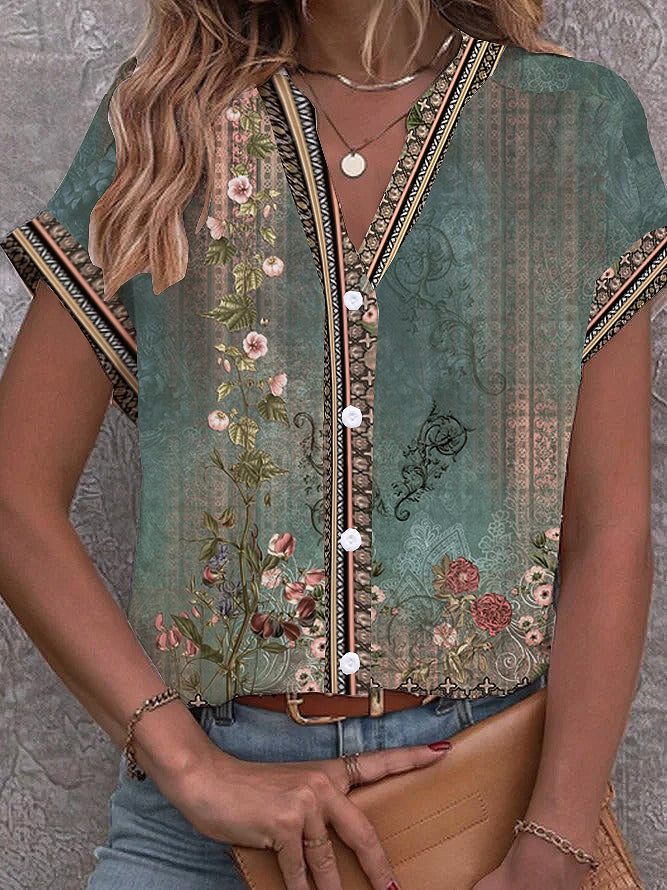 SpringStil® - Grüne Bluse mit Aquarell-Blumendruck