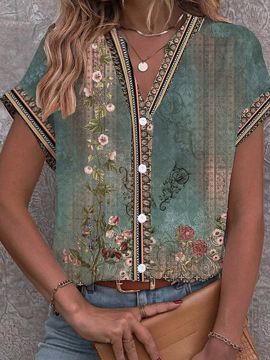 SpringStil® - Grüne Bluse mit Aquarell-Blumendruck