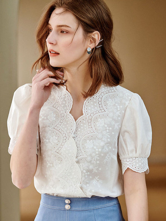 Retro V-Ausschnitt Besticktes Chiffonhemd - Ylana